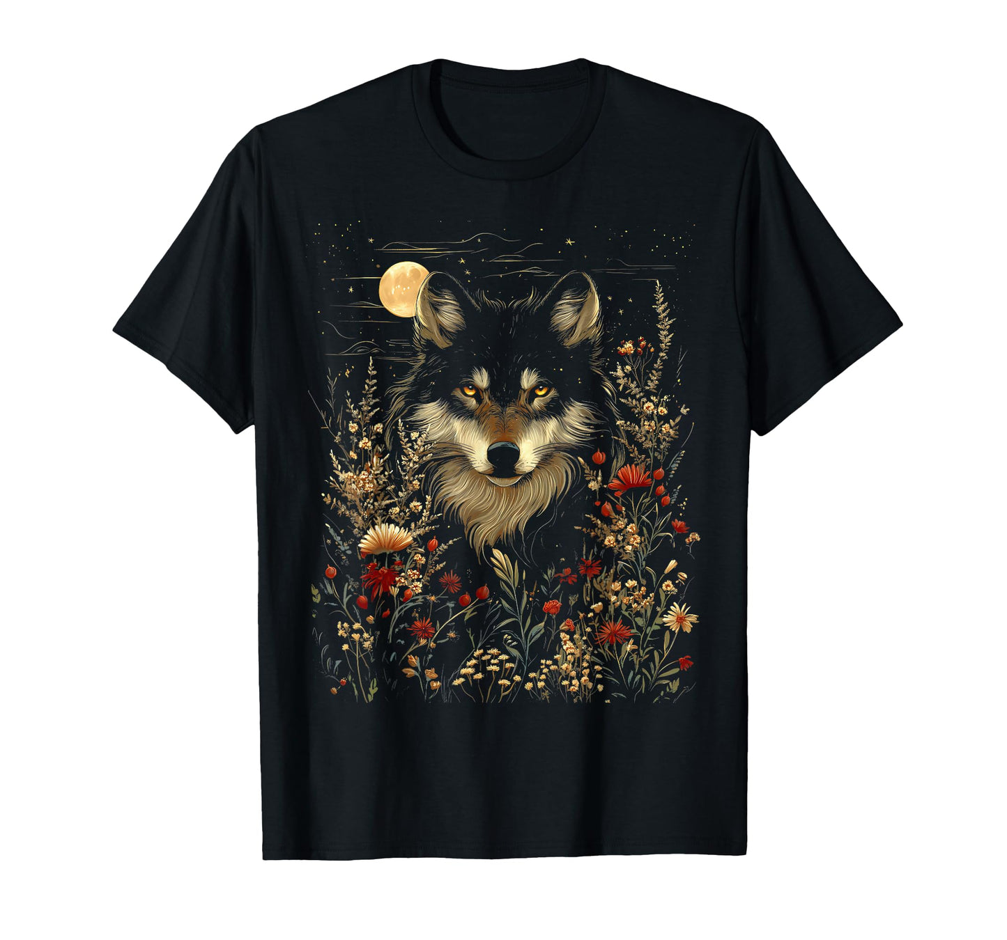 Black Wolf Full Moon Boho Floral Mystical Graphic Women T-Shirt