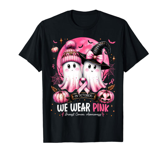 in October We Wear Pink Ghost Witch Breast Cancer Awareness T-Shirt