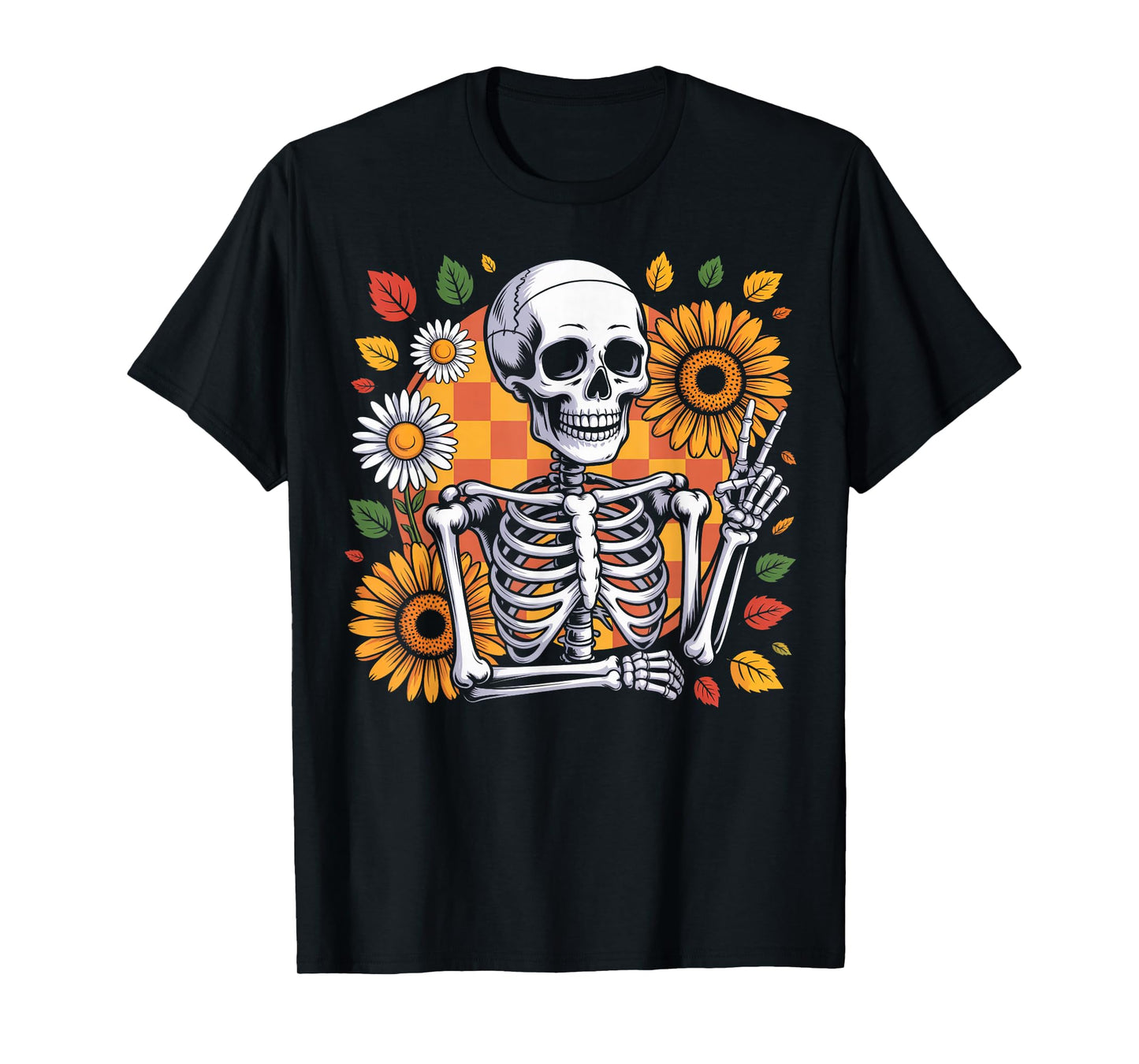 Skeleton Peace Fall Vibes Floral Retro T-Shirt