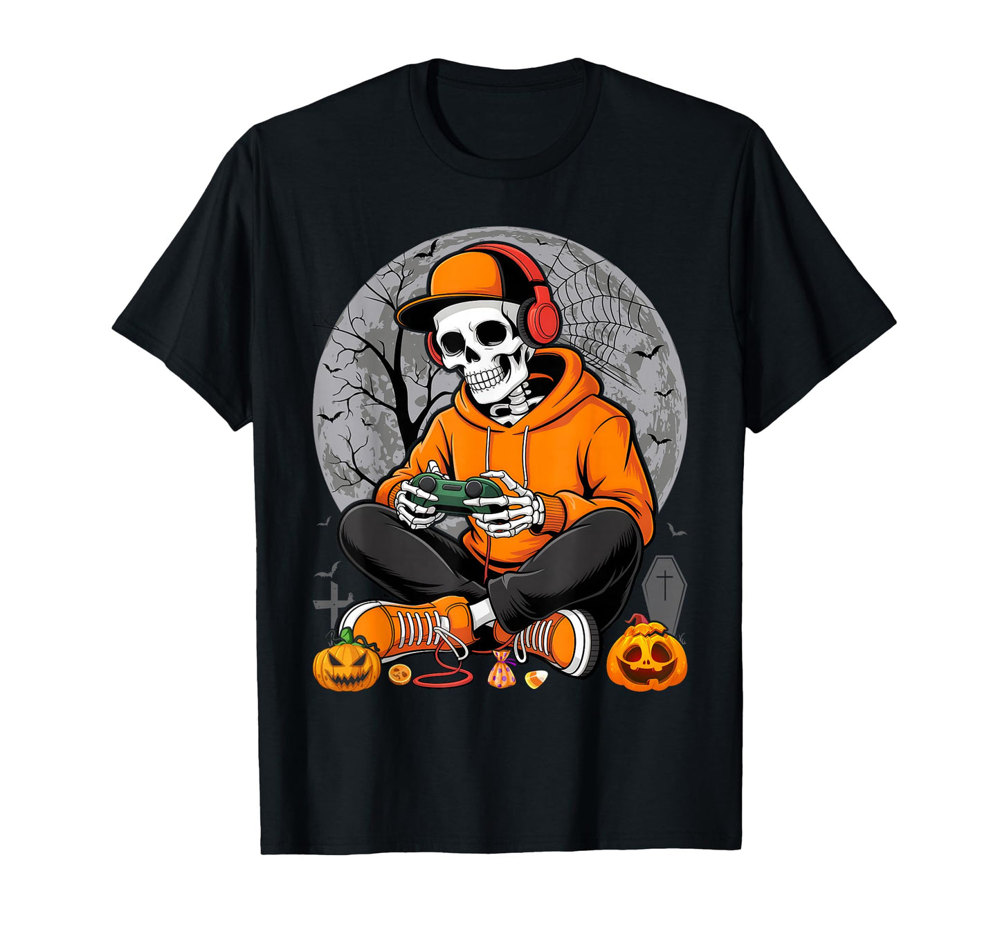 Gaming Skeleton Halloween Funny Gamer Boys Kids Men T-Shirt