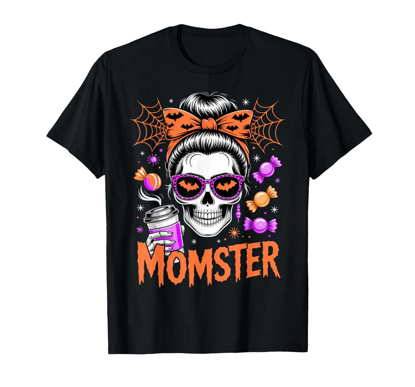 Momster Halloween Costume Skeleton Messy Bun Mother Coffee T-Shirt