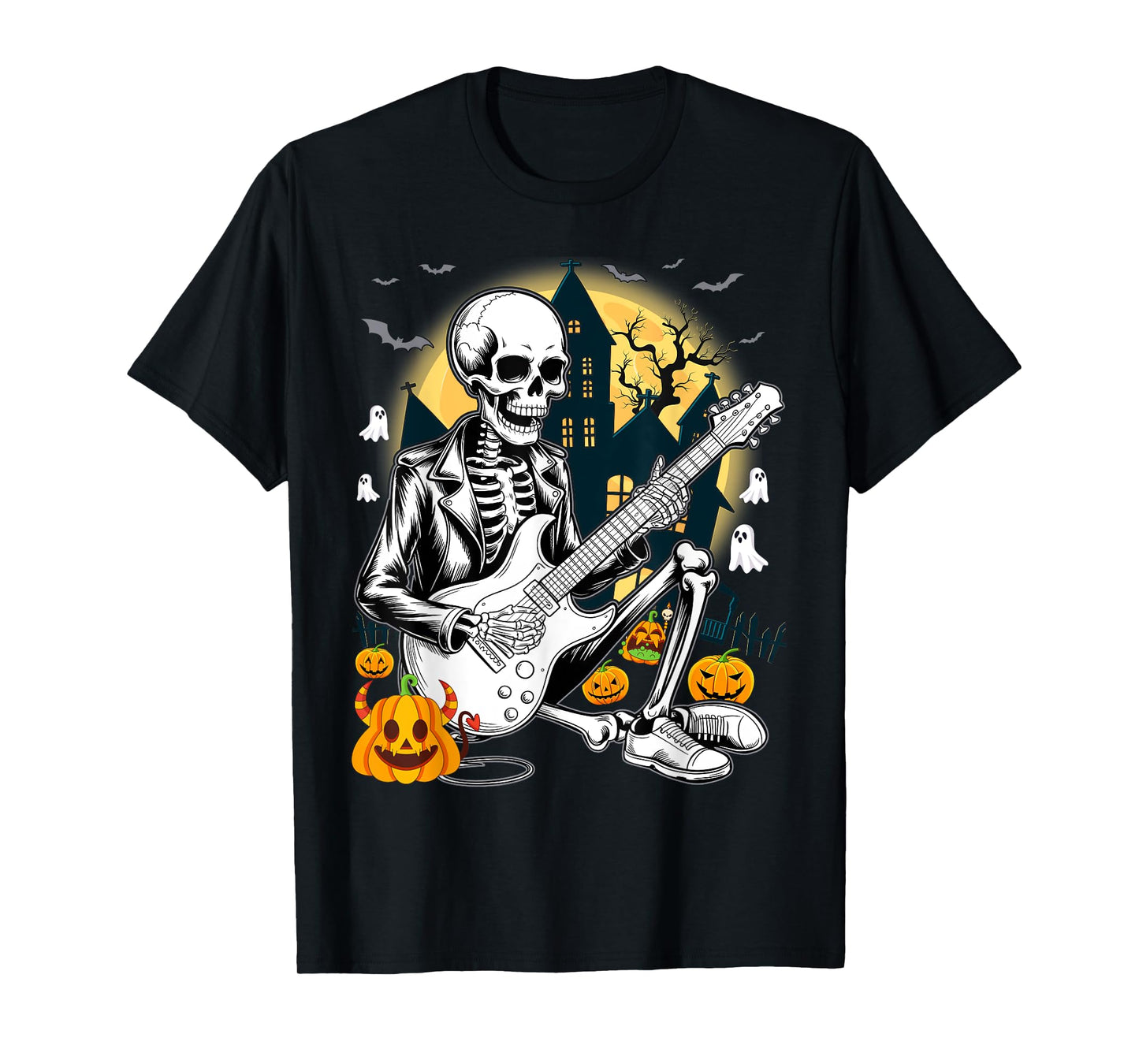 Happy Skeleton Guitar Halloween Playing Guy T-Shirt