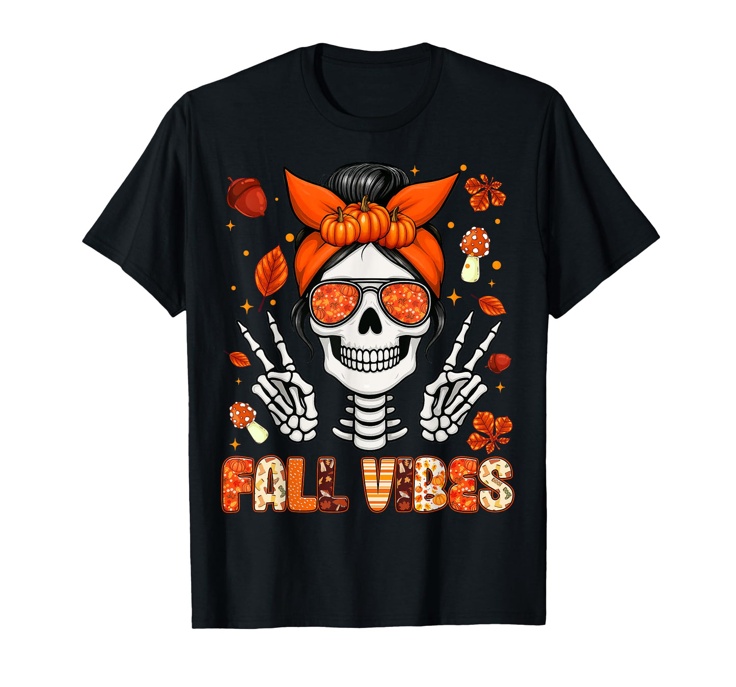 Fall Vibes Messy Bun Skeleton Autumn Maple Leaf Womens Girls T-Shirt