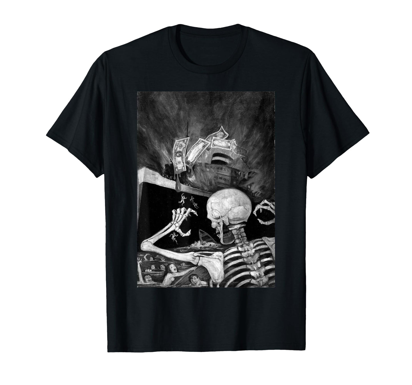 Skeleton Greed Ship Disaster Burning Money Pulp Horror Scene T-Shirt