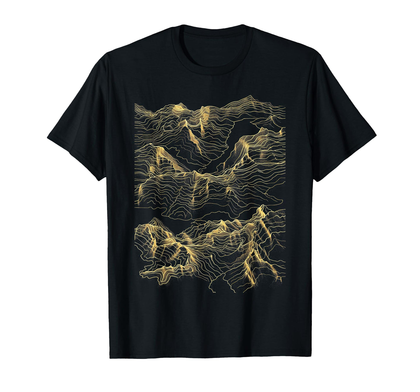 Mountain Range Abstract Art Minimalist Gold Lines T-Shirt - Unisex-Adults, Black, Small, Short Sleeve, Topographic Map, T-Shirt