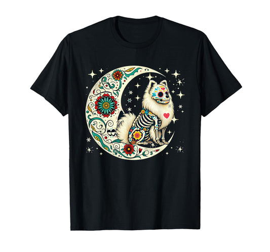 Dia De Los Muertos Halloween Moon Floral Skeleton Pomeranian T-Shirt