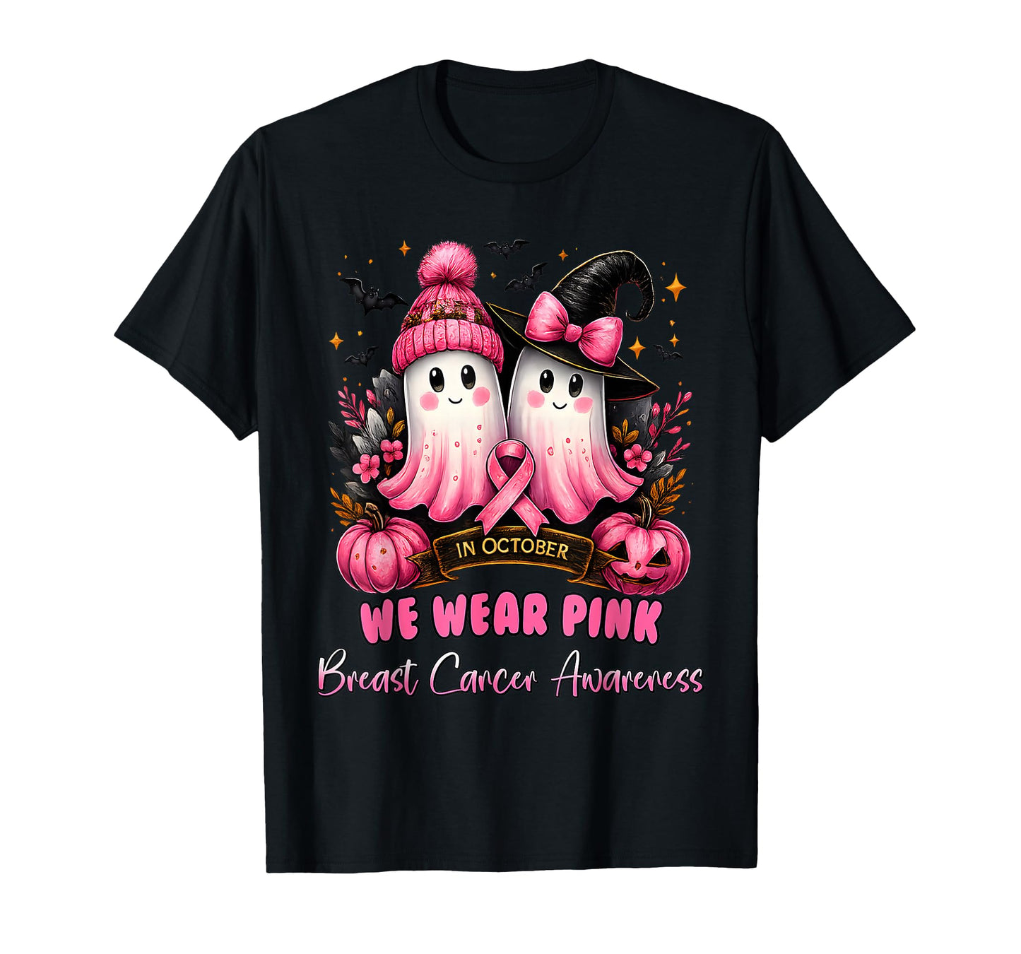 in October We Wear Pink Ghost Witch Breast Cancer Awareness T-Shirt