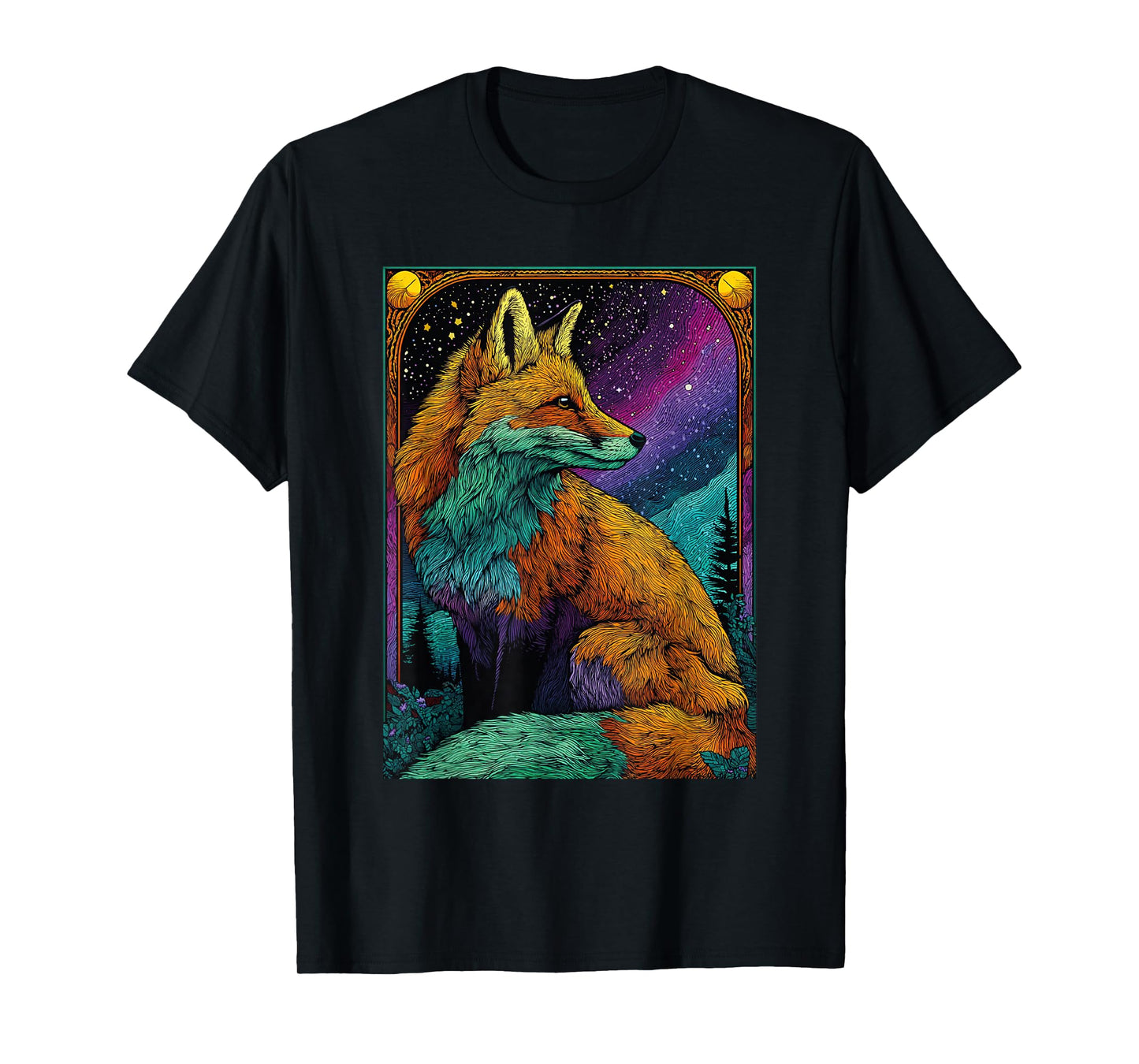 Psychedelic Fox Tee Colorful Forest Night Animal T-Shirt