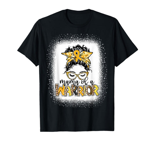 Childhood Cancer Awareness Women Messy Bun Mama of a Warrior T-Shirt