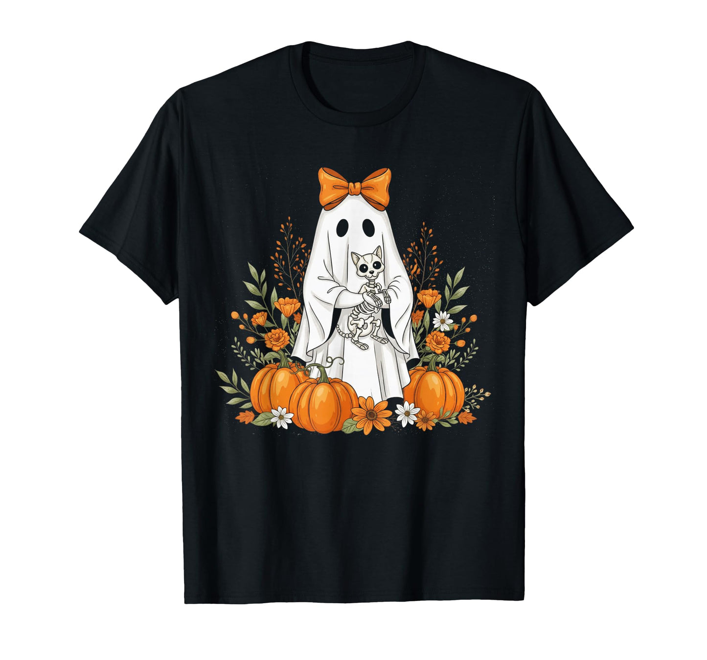Halloween Ghost and Skeleton Cat Floral Spooky Ghosts Goth T-Shirt