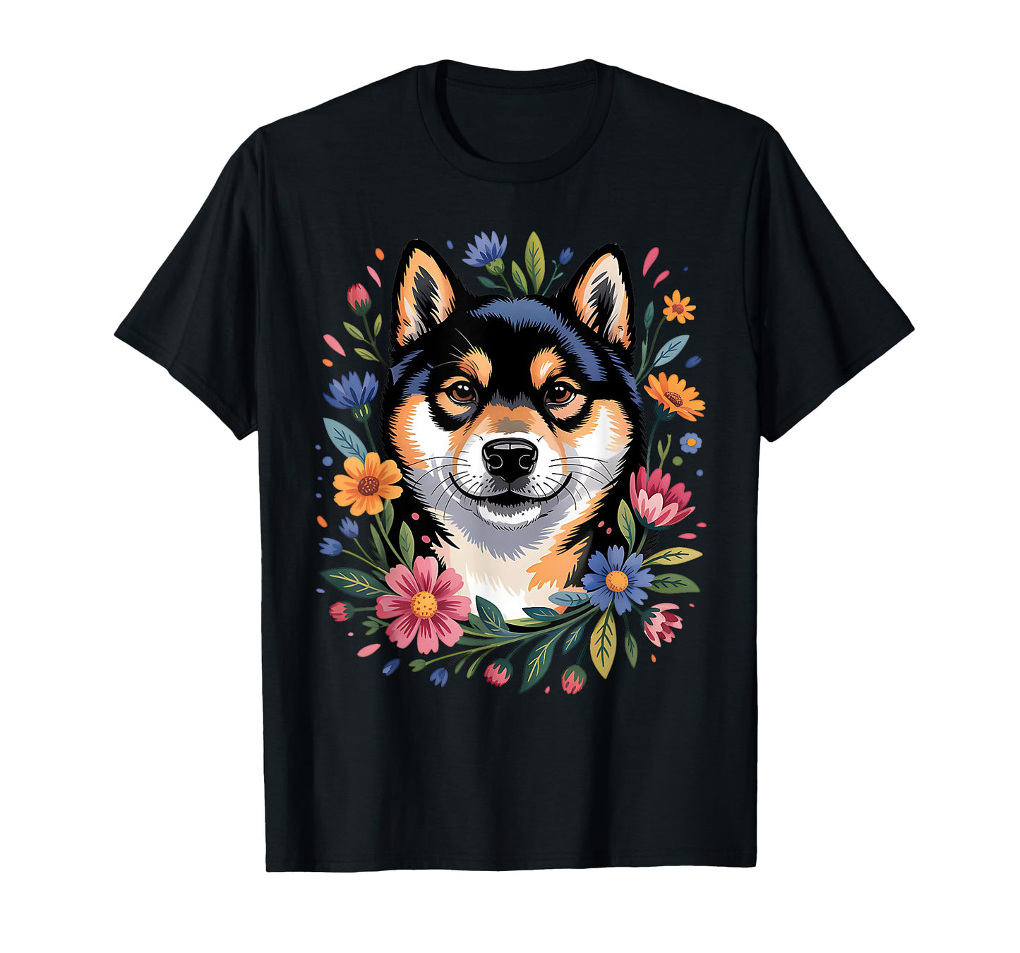 Cute Black and Tan Shiba Inu Colorful Flowers Dog Mom Floral T-Shirt