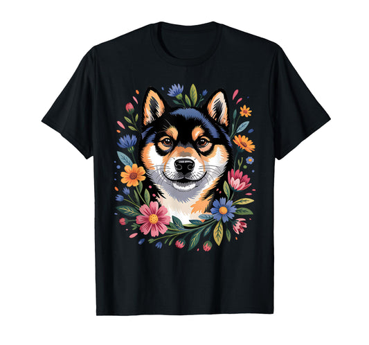 Cute Black and Tan Shiba Inu Colorful Flowers Dog Mom Floral T-Shirt