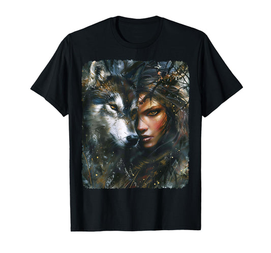 Beautiful Painting of a Woman with her Wolf T-Shirt