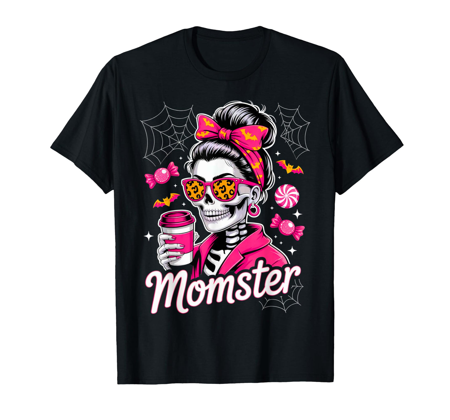 Momster Halloween Costume Skeleton Messy Bun Mother Coffee T-Shirt