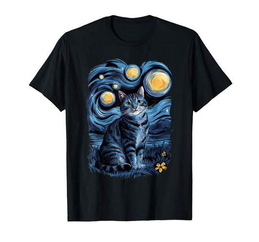 Van Gogh Cat Gifts Tabby Cat Owners Cat Lady Black Men Cat T-Shirt