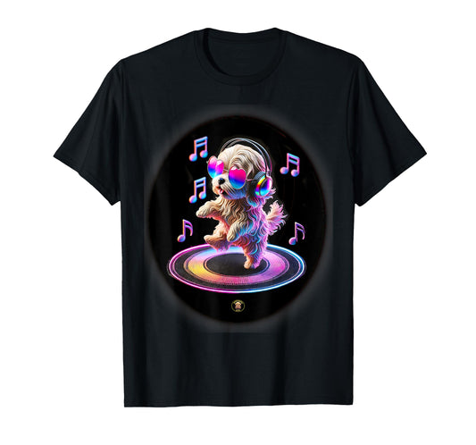 Adorable Dancing Dog with Glasses and Earphones - Dog Lovers T-Shirt