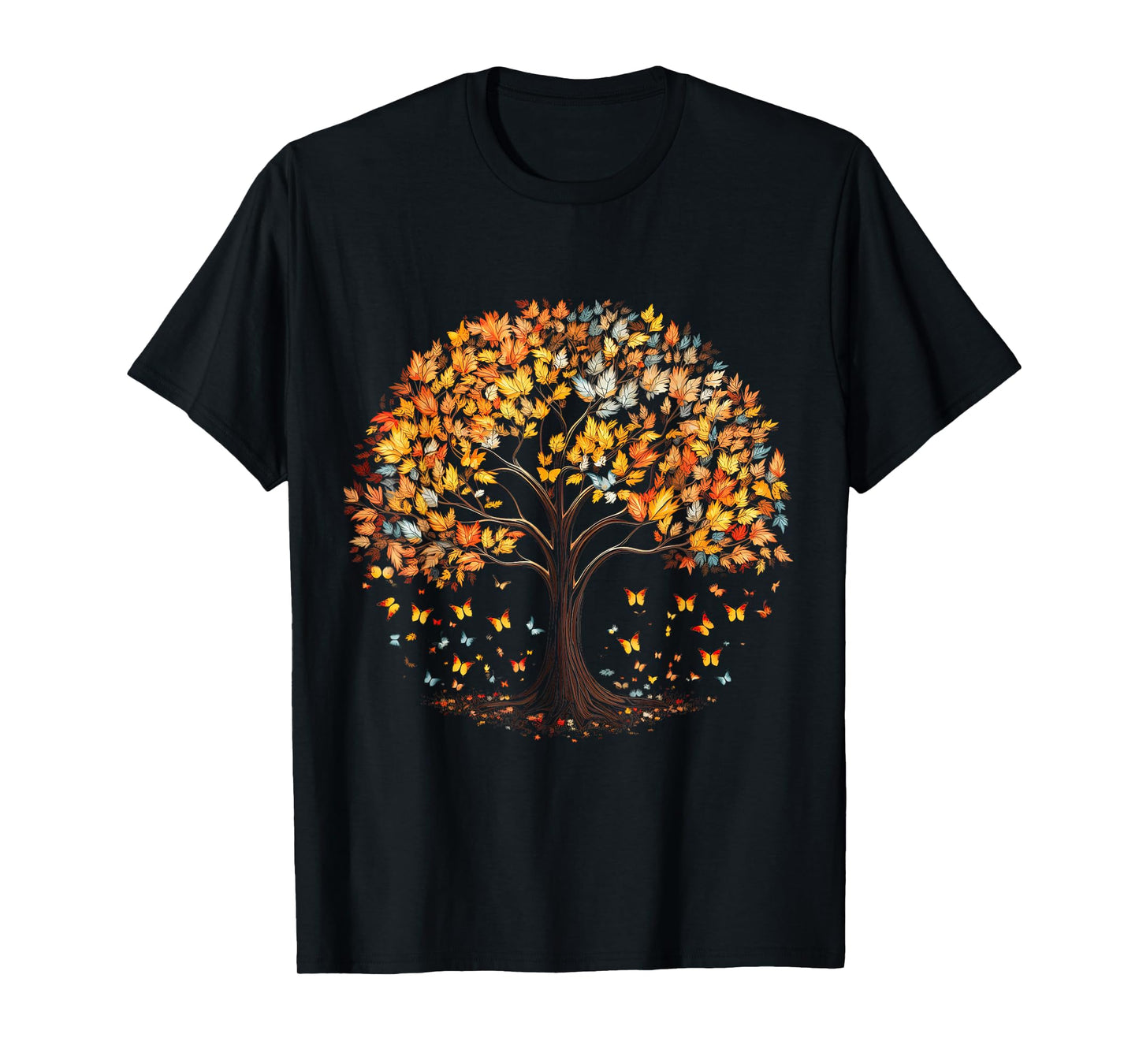 Fall Autumn falling leaves with Tree and Butterfly T-Shirt