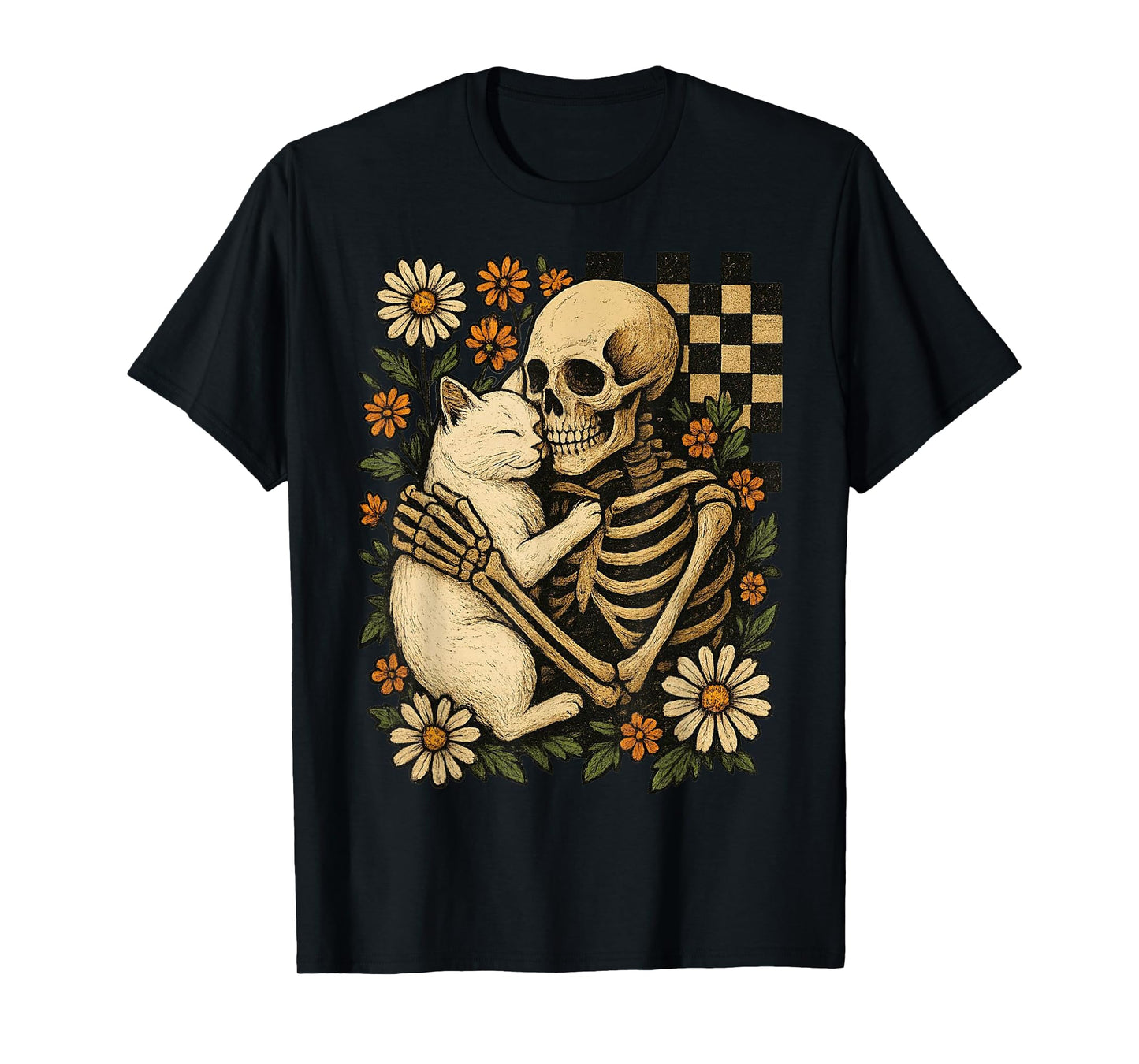 Vintage Skeleton Hugging Cat Gothic Floral Halloween Retro T-Shirt
