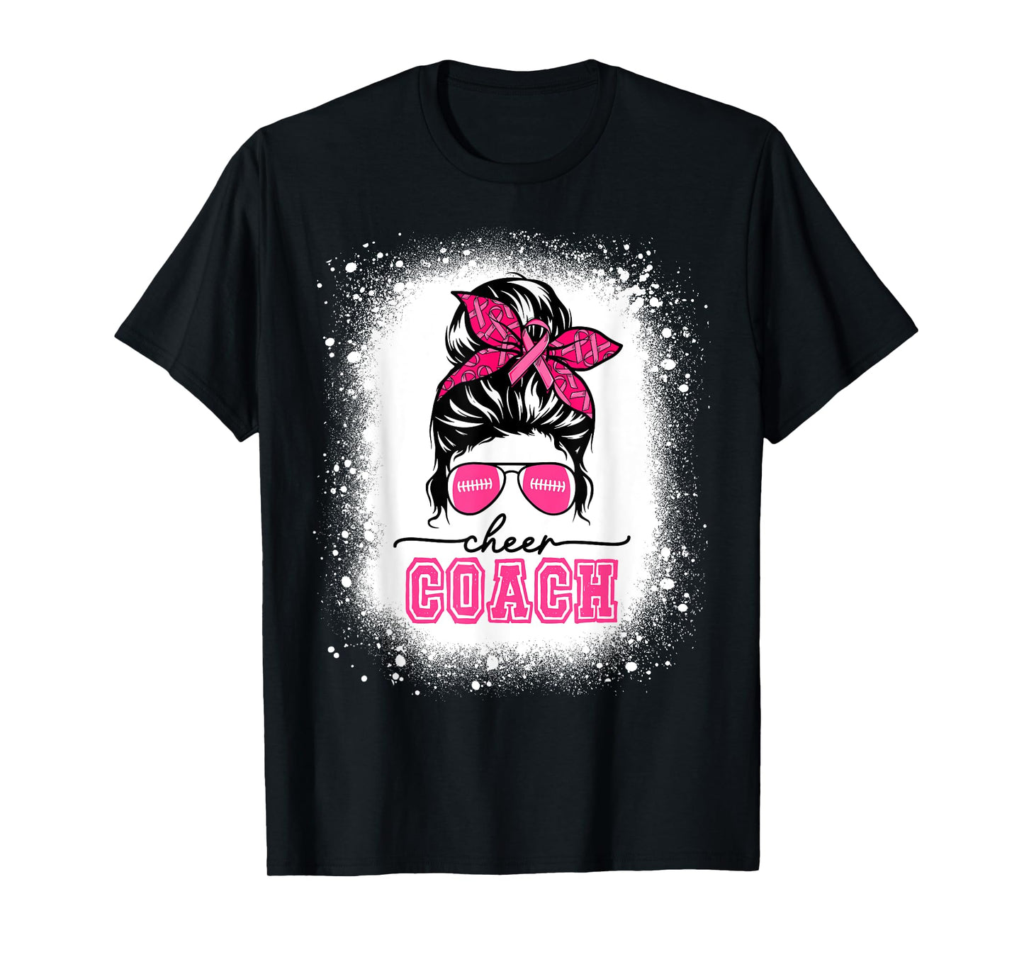 Football Messy Bun Mom Cheer Coach Breast Cancer Bleached T-Shirt