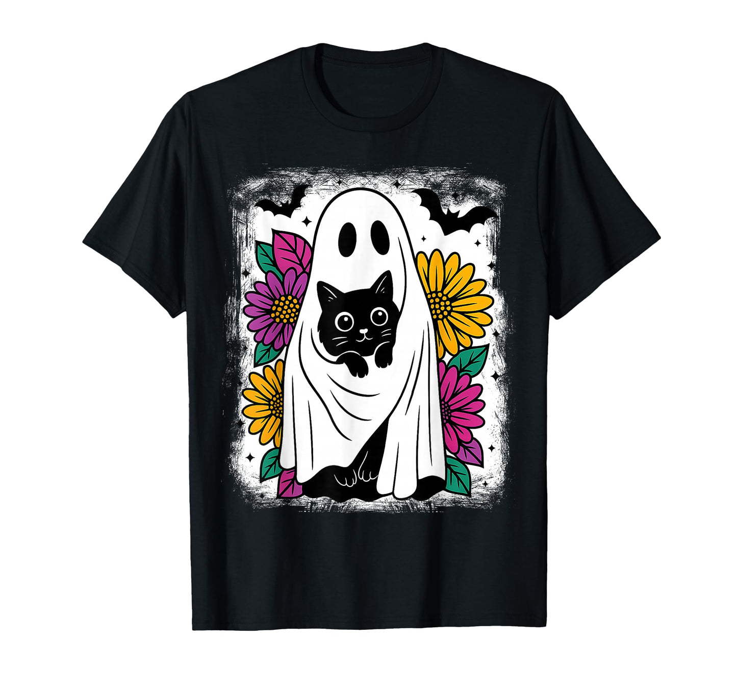 Retro Halloween Ghost and Cats Preppy Floral Kitten Lovers T-Shirt