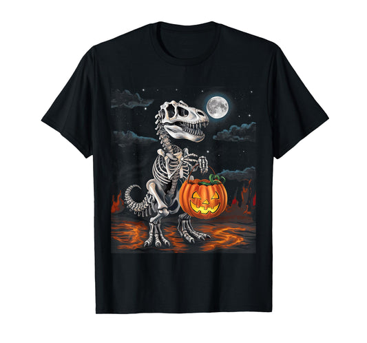 Dinosaur Skeleton T rex Scary Pumpkin Moon Boys Halloween T-Shirt