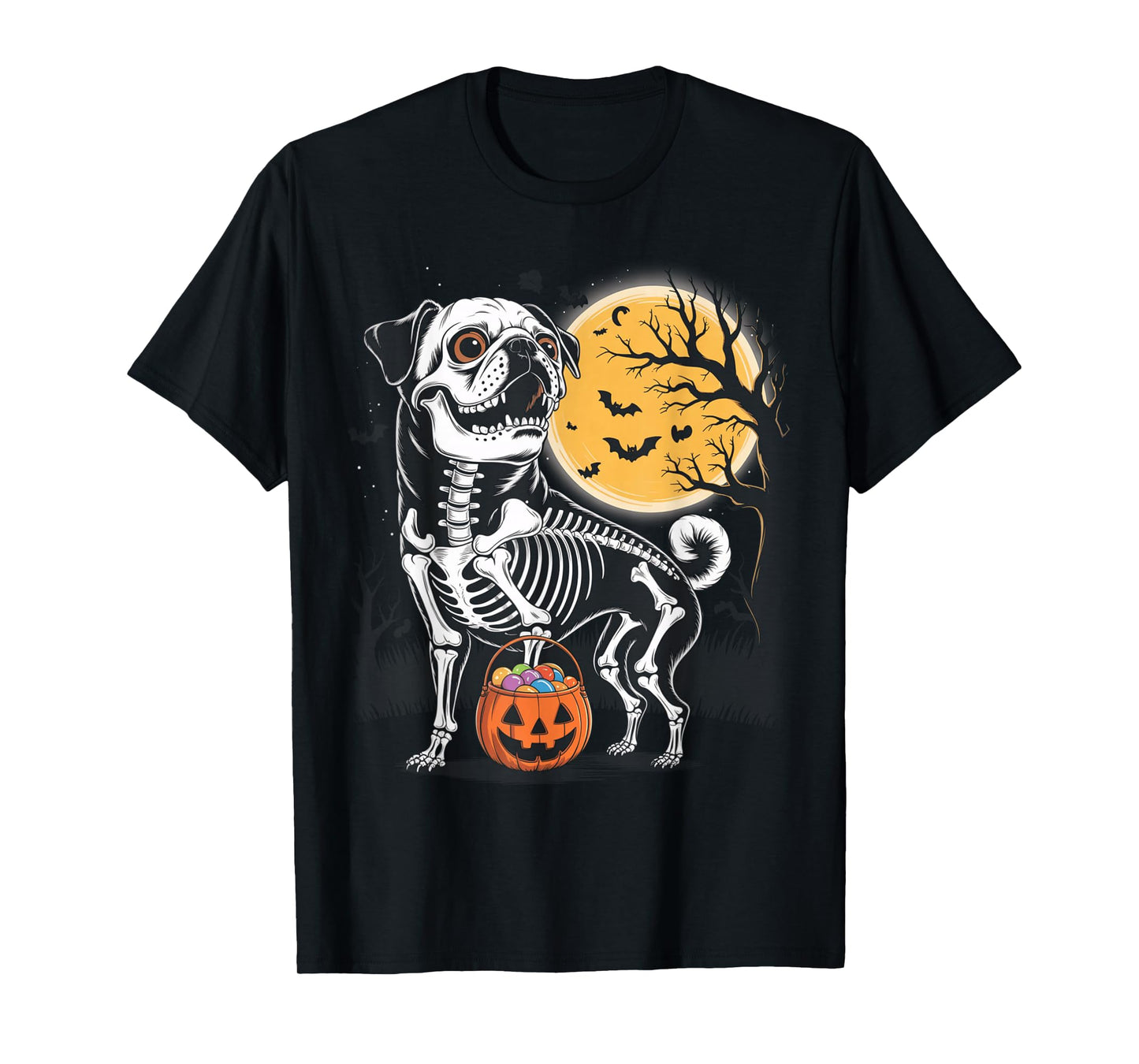 Funny Pug Skeleton Scary Pumpkin Moon Halloween T-Shirt