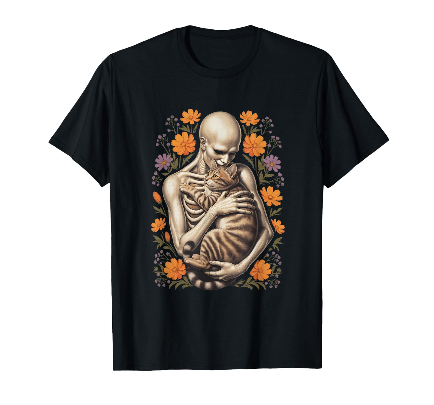 Funny Skeleton Hugging Cat Floral Halloween Cats Lover T-Shirt