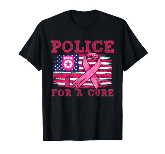 Breast Cancer Awareness Police For a cure American Flag Women Men T-Shirt