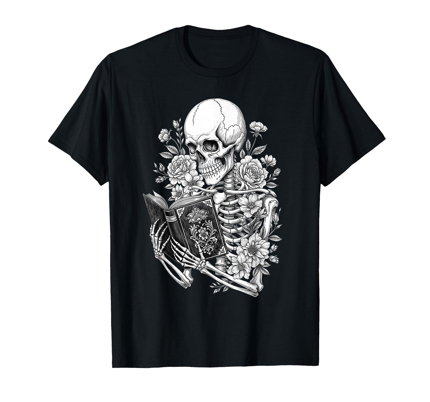 Skeleton Vintage Book Floral Skull Halloween Teacher Costume T-Shirt