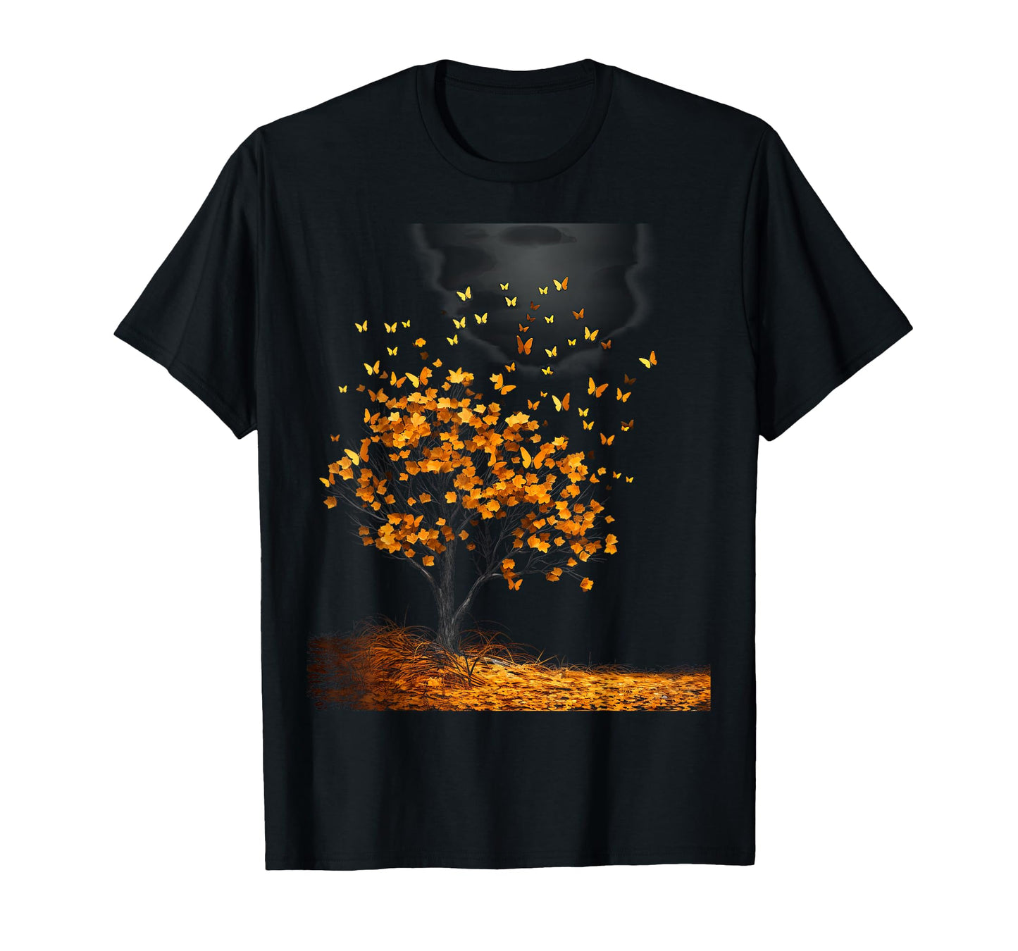 Fall Autumn falling leaves with Tree and Butterfly T-Shirt