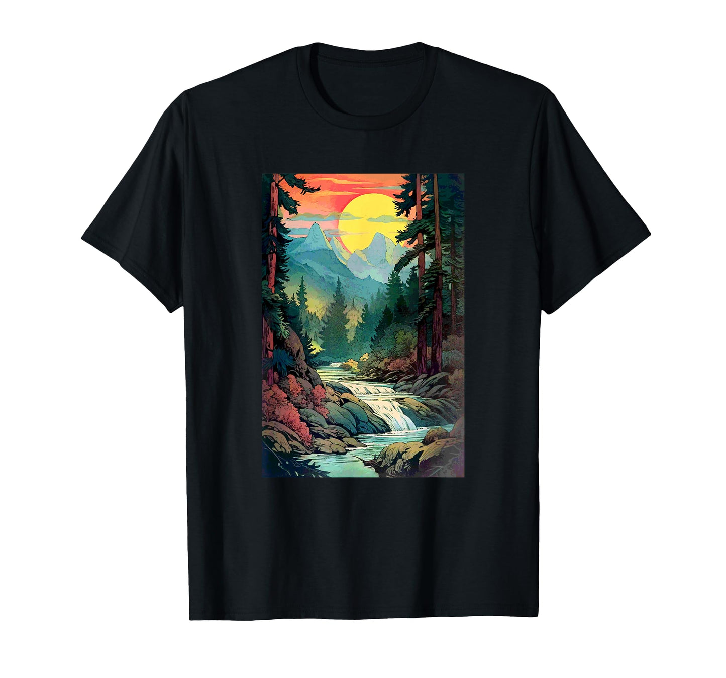 Mountains Trees River Waterfall Woodsy Nature Scene Outdoors T-Shirt