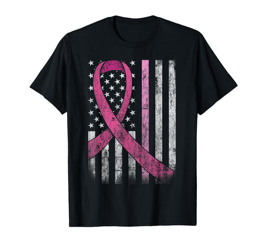 Breast Cancer Awareness American Flag Pink Ribbon T-Shirt
