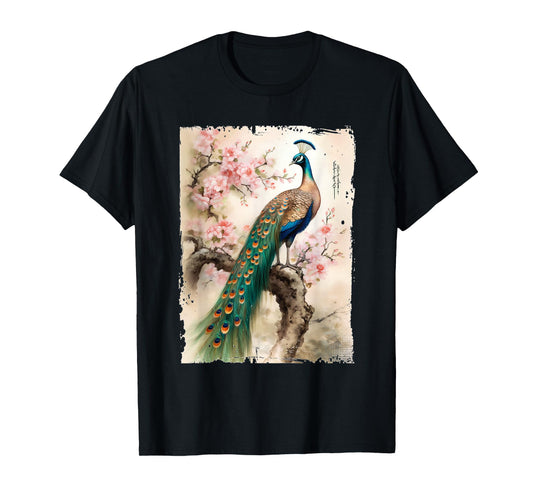 beautiful peacock Japanese cherry blossom art T-Shirt