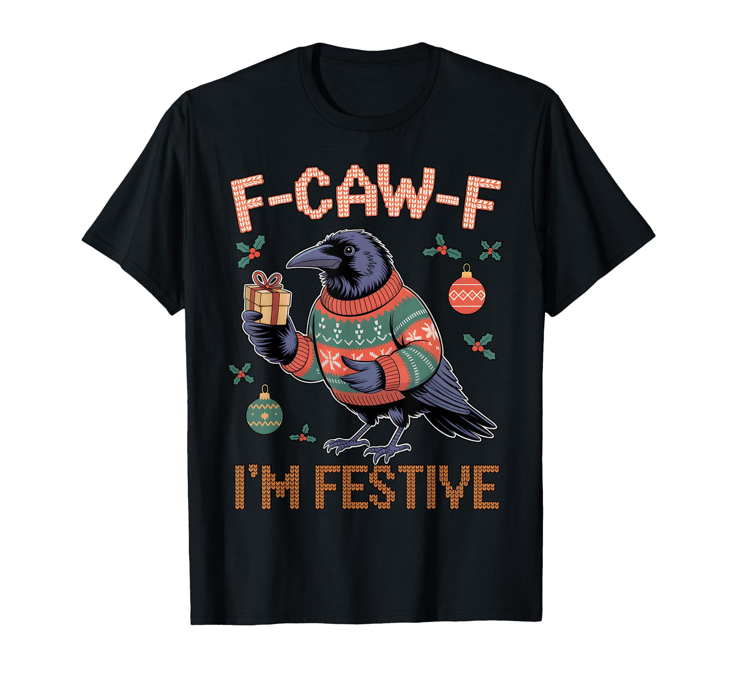 Black Crow F-Caw-F Funny Retro Christmas Lights Santa hat T-Shirt