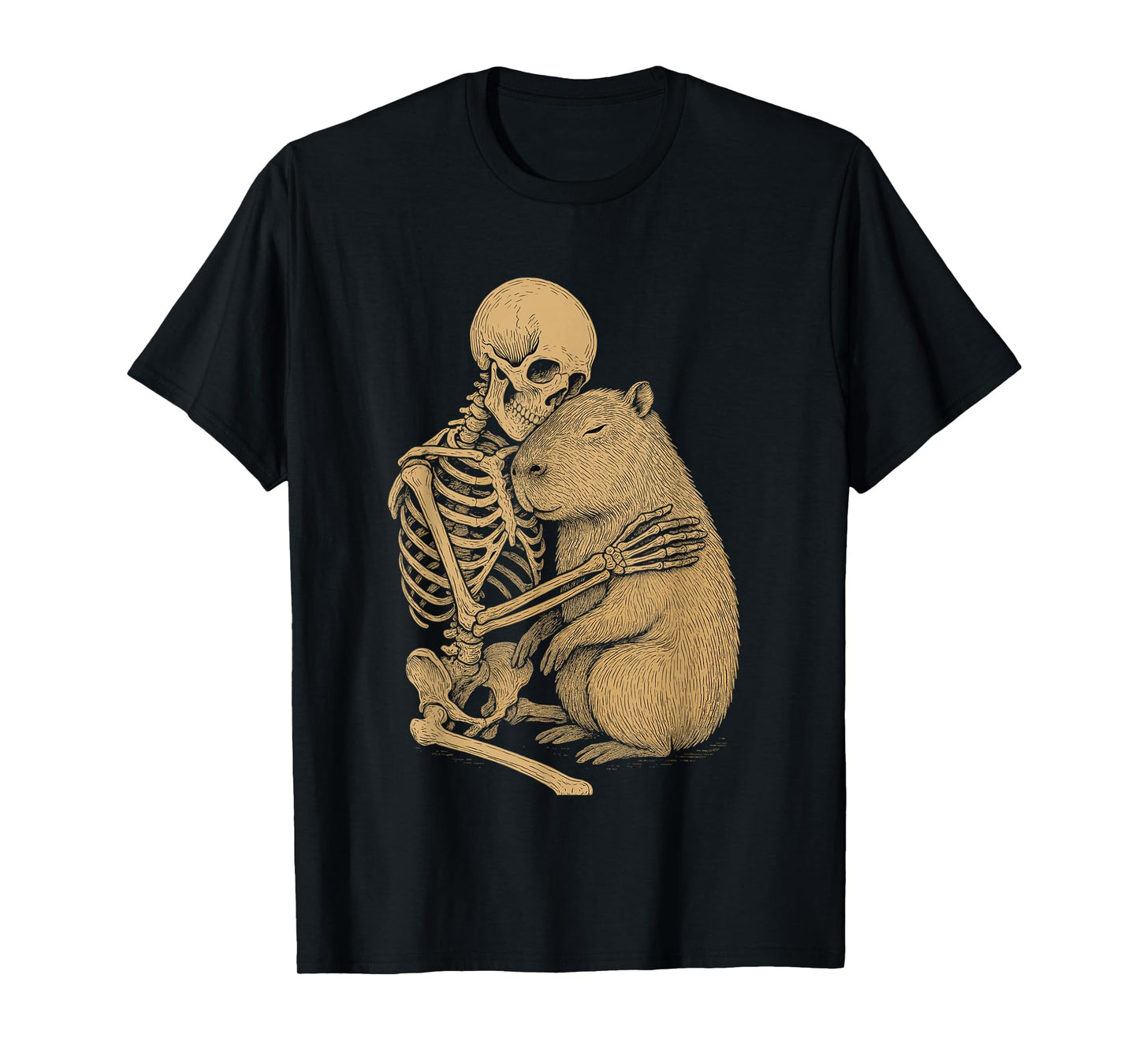 Skeleton Embracing Capybara Gothic Animal Illustration T-Shirt