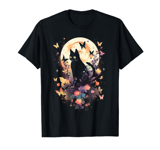 Aesthetic Cottagecore Cat with Butterfly on Moon T-Shirt