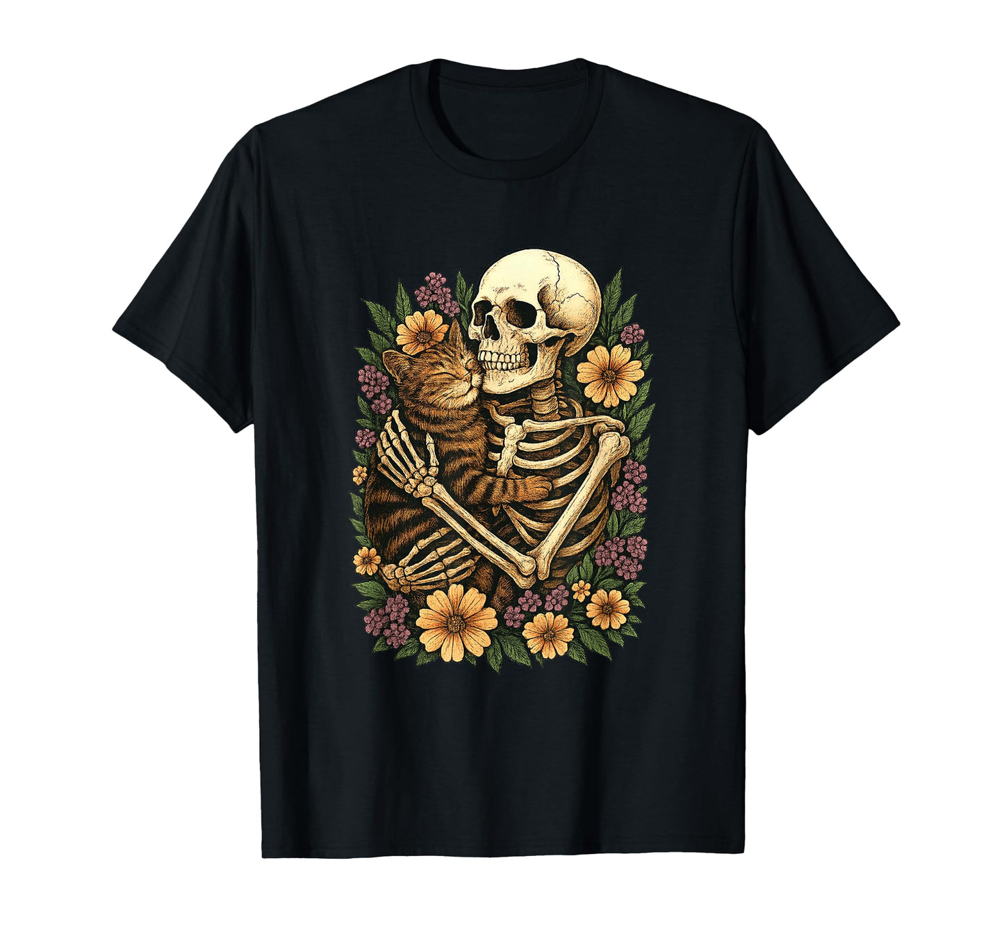 Skeleton Hugging Cat Halloween Costume Cats Lover Men Women T-Shirt