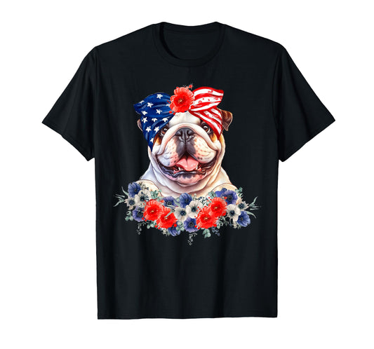 English Bulldog Dog Bandana American Flag 4th Of July T-Shirt