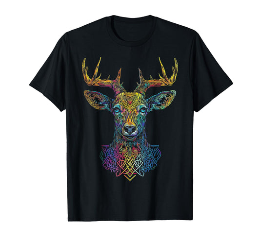 Deer Artwork Colorful Animal Mandala Graphic Art Deer T-Shirt