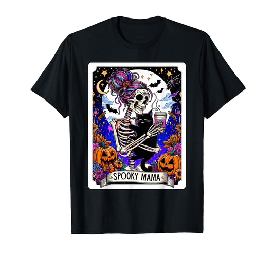 Spooky Mama Tarot Card Halloween Mom Skull Mama Black Cat T-Shirt for Men Women Kids