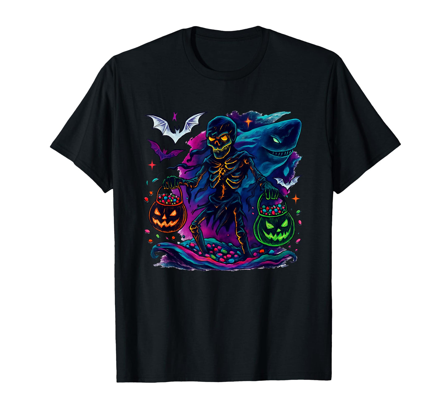 Skeleton Riding Mummy Orca Halloween Candy Whale T-Shirt