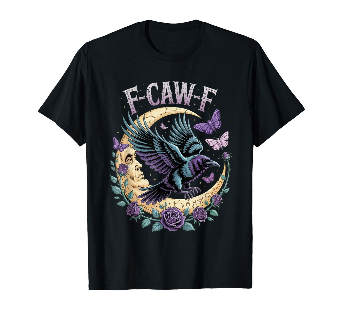 F CAW F Gothic Fly Raven Moon Face Rune Rose Fantasy Moth T-Shirt