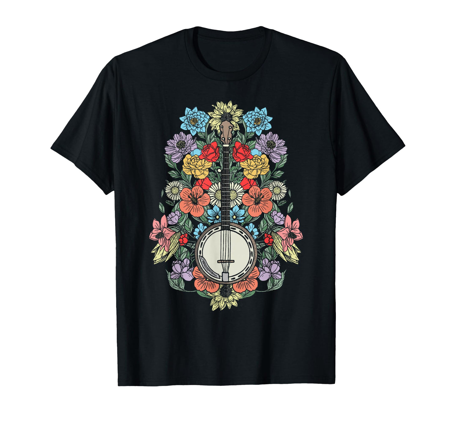 Banjo Flowers Vintage Stringed Bluegrass Folk Floral Pattern T-Shirt