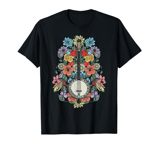 Banjo Flowers Vintage Stringed Bluegrass Folk Floral Pattern T-Shirt