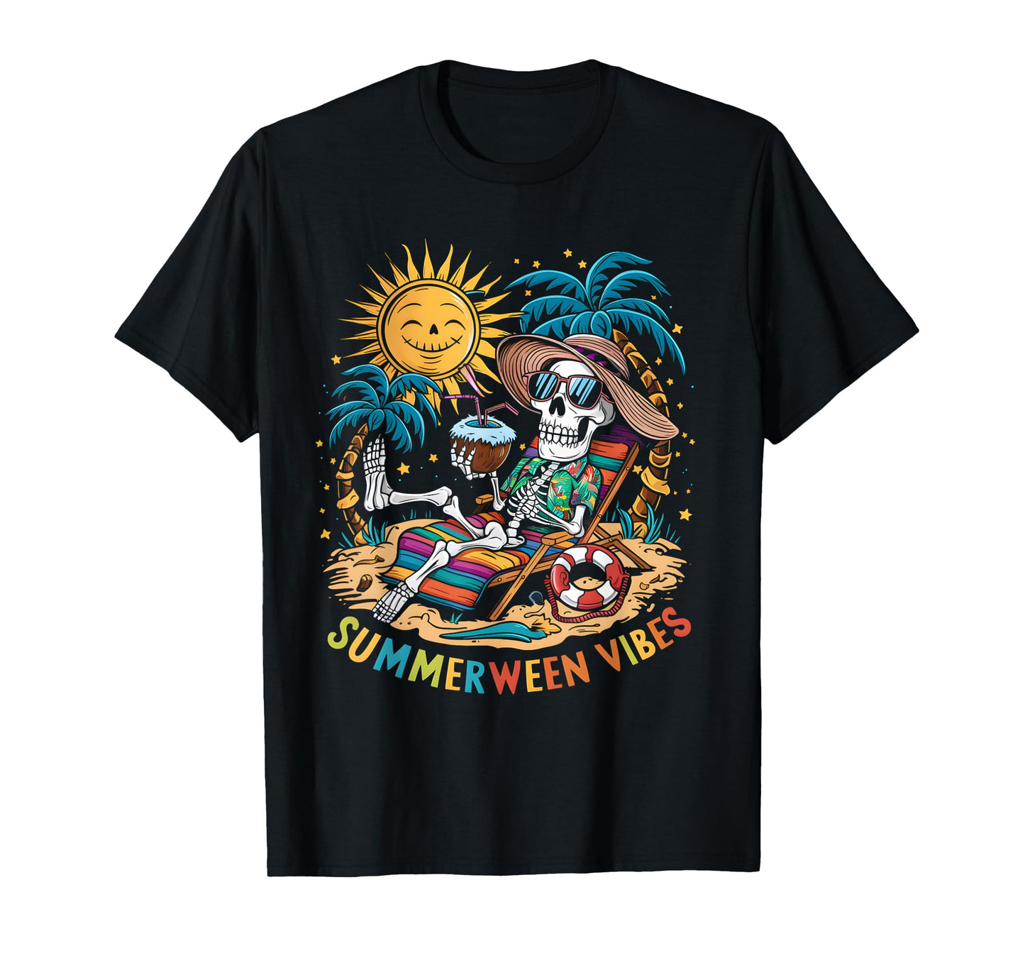 Funny Summerween Vibes Skeleton Summer Vacation Beach Men Women T-Shirt