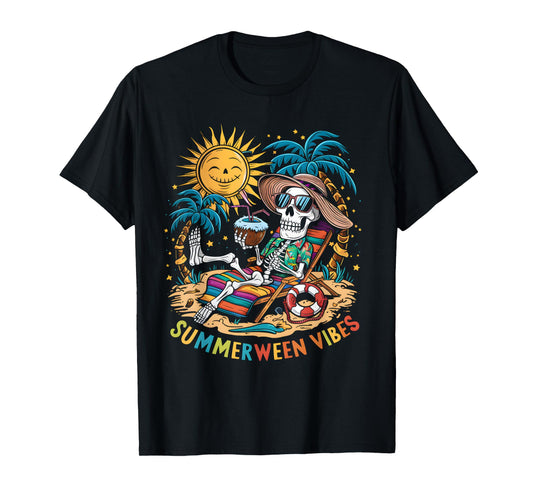 Funny Summerween Vibes Skeleton Summer Vacation Beach Men Women T-Shirt