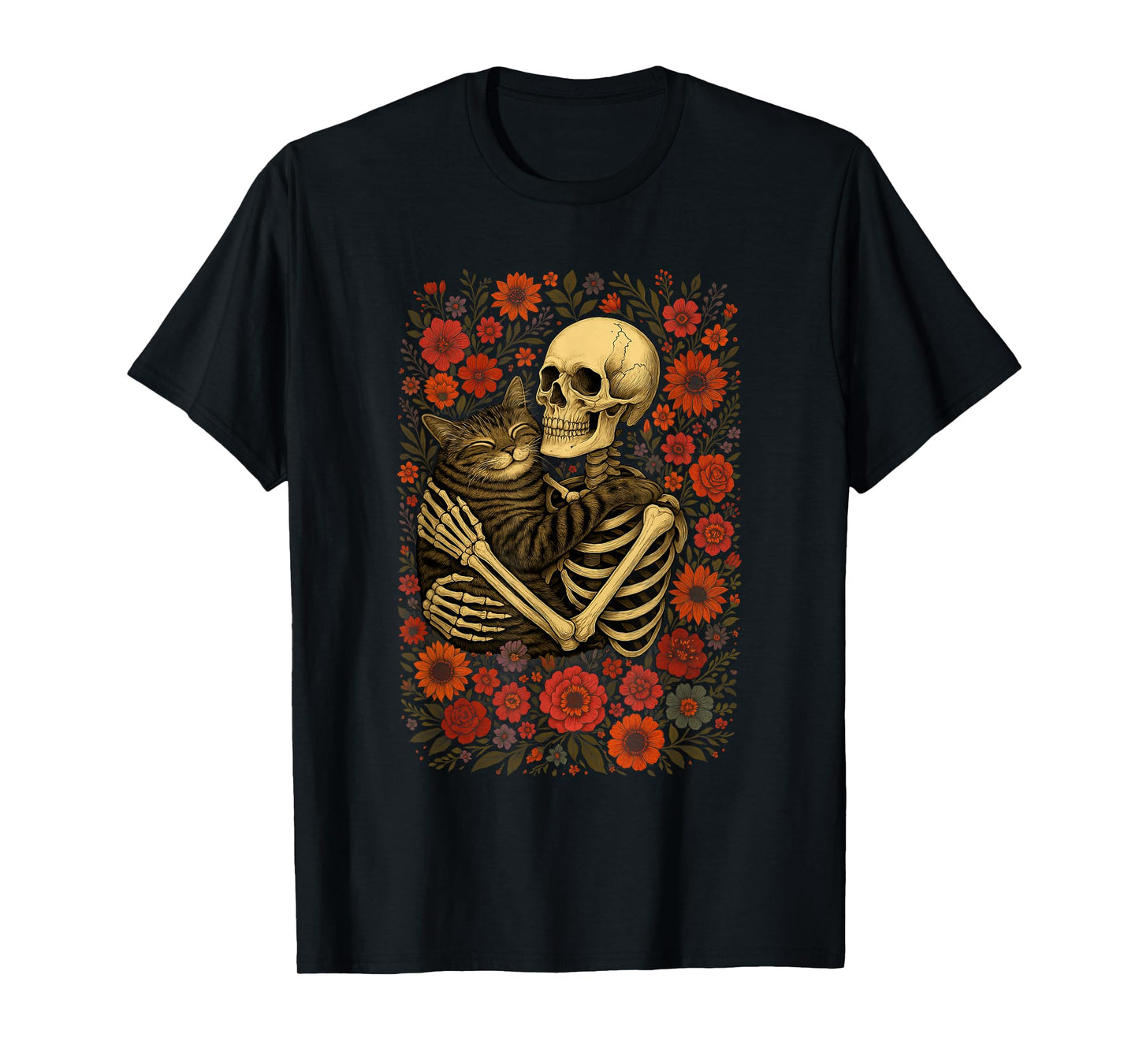 Funny Skeleton Hugging Cat Floral Halloween Cats Lover Women T-Shirt