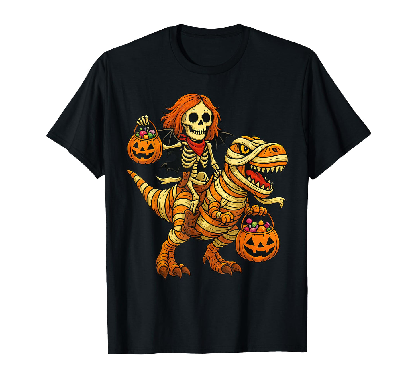 Skeleton Riding Mummy Dinosaur T rex Halloween Funny Pumpkin T-Shirt