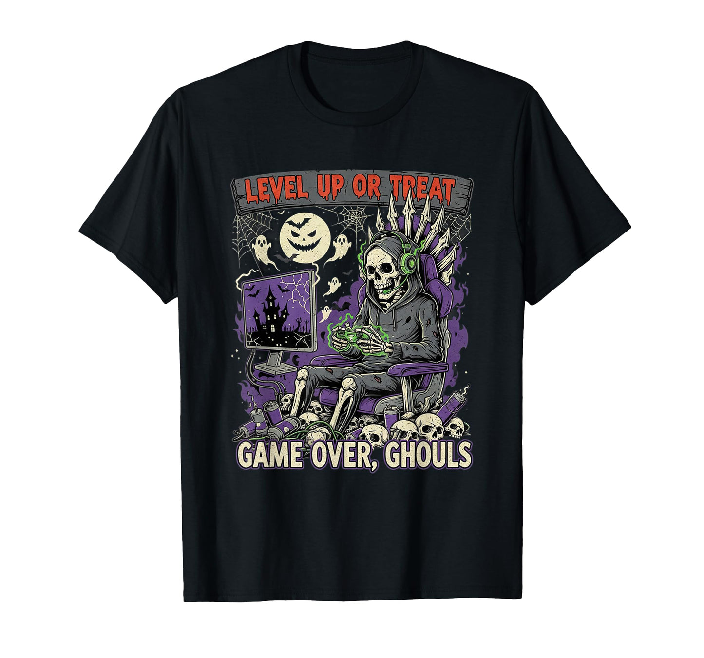 Level Up Or Treat Game Over Ghouls Halloween Skeleton Gamer T-Shirt