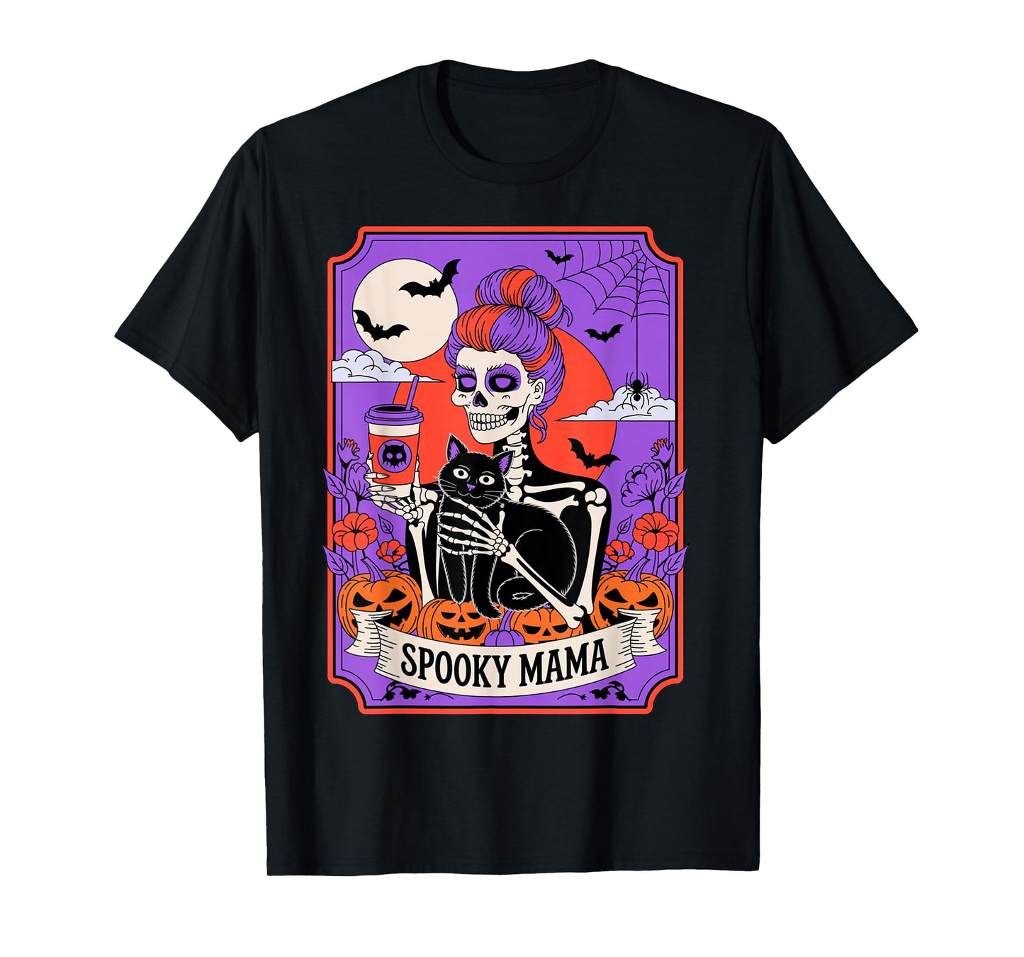 Spooky Mom Skeleton Black Cat Coffee Halloween Pumpkin T-Shirt